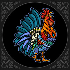 Colorful Rooster Mandala arts isolated on black background.