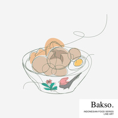 Bakso or baso is an Indonesian meatball. Indonesian Food set collection Cartoon Line Art Vector Illustration Template