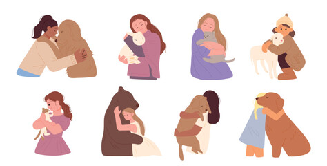 People are hugging the animals warmly. flat design style vector illustration.