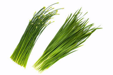 Fresh Chinese Chive leaves with flower on white background.