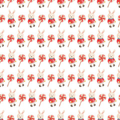 Christmas Santa Rabbit ornament Seamless Pattern Background, Watercolor Vector Illustration