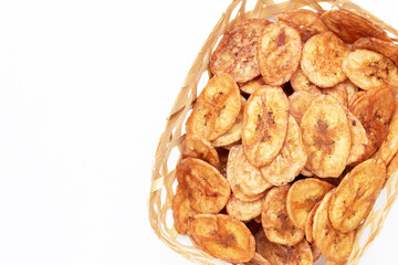 Banana chips on white background