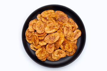 Banana chips on white background