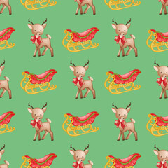 Santa Claus Sleigh-Reindeer Seamless Pattern Background. Christmas, New Year Illustration Background..