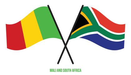 Mali and South Africa Flags Crossed And Waving Flat Style. Official Proportion. Correct Colors.