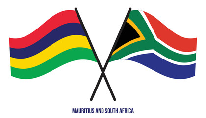 Mauritius and South Africa Flags Crossed And Waving Flat Style. Official Proportion. Correct Colors.
