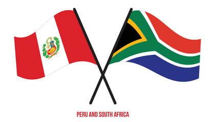 Peru and South Africa Flags Crossed And Waving Flat Style. Official Proportion. Correct Colors.