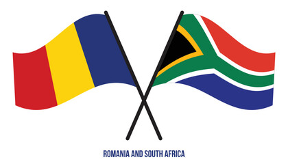 Romania and South Africa Flags Crossed And Waving Flat Style. Official Proportion. Correct Colors.