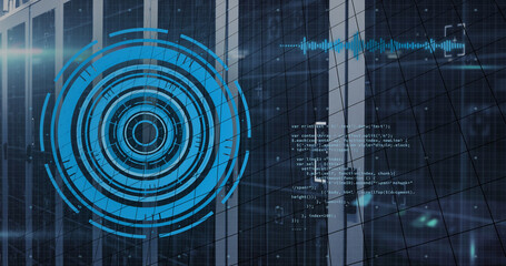 Image of data processing over server room