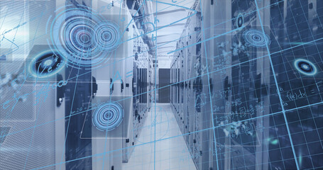 Image of data processing over server room