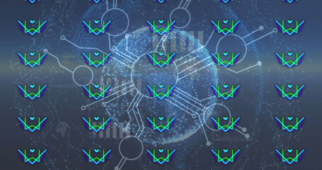 Image of data processing over neon shapes