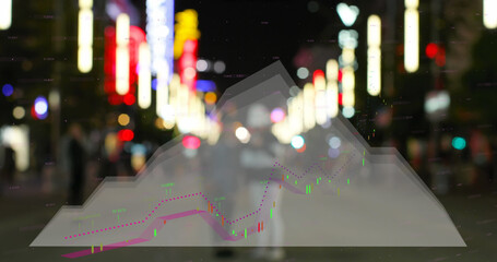 Image of statistical and financial data processing against city at night