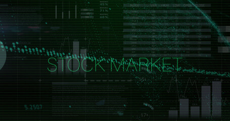 Image of stock market text over data processing