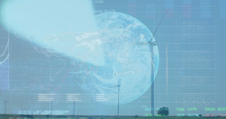 Image of stock market data processing over globe and windmills spinning against blue sky