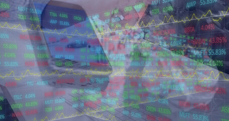 Image of stock market data processing against close up of a smartphone