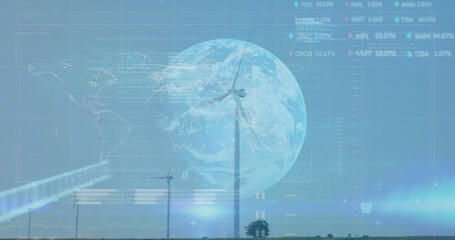 Image of stock market data processing over globe and windmills spinning against blue sky