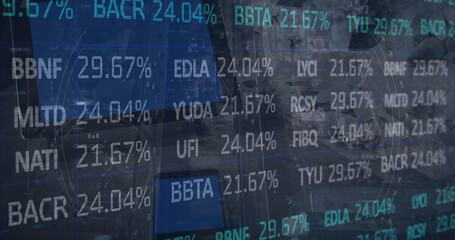 Image of stock market data processing against close up of a digital tablet and smartphone