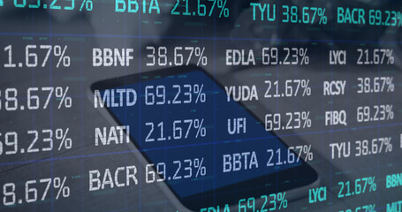 Image of stock market data processing against close up of a digital tablet