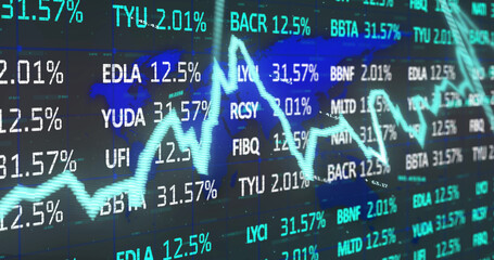 Image of stock market with graph over world map on black background