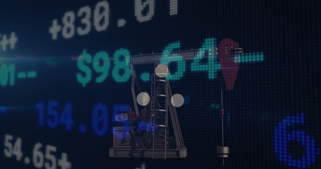Image of stock market over pumpjack on black background