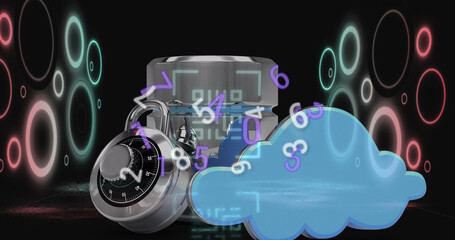 Image of data processing with qr code over padlock on black background