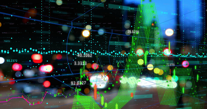 Image of financial data processing against night city traffic