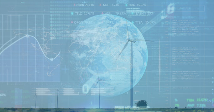 Image of stock market data processing over globe and windmills spinning against blue sky