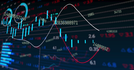 Image of multiple changing numbers over stock market data processing against black background