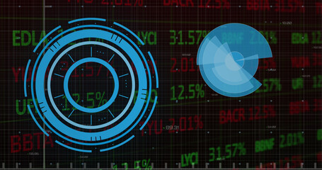 Image of round scanners over stock market data processing against black background
