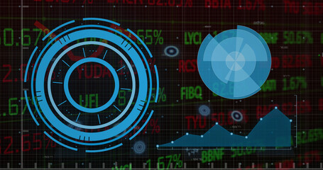 Image of round scanners over stock market data processing against black background