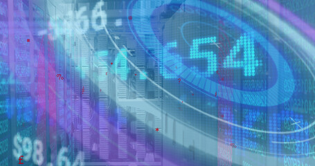 Image of stock market data processing and round scanner against computer server room