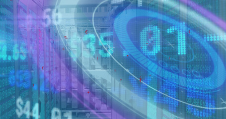 Image of stock market data processing and round scanner against computer server room