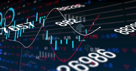 Fototapeta premium Image of multiple changing numbers over stock market data processing against black background