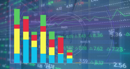 Image of stock market and statistical data processing against computer server room