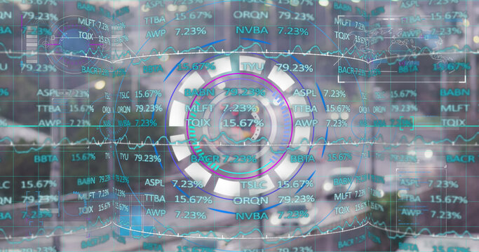 Image of scope scanning and stock market over cityscape