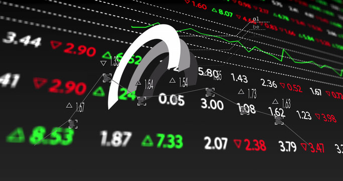 Image of round scanner over stock market data processing against black background