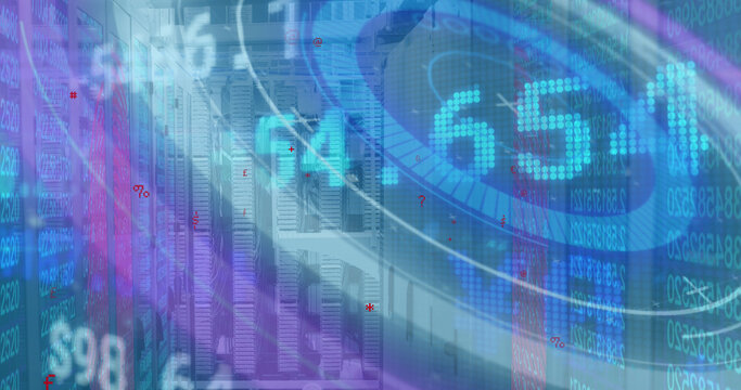 Image of stock market data processing and round scanner against computer server room