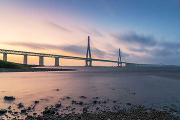 Suzhou Yangtze River Bridge and Sunset Scenery of the Yangtze River in China