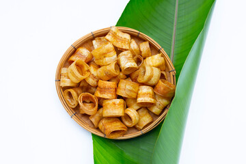 Crispy banana chip rolls. Fruit snack