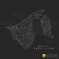 Brunei Darussalam map abstract geometric mesh polygonal light concept with black and white glowing contour lines countries and dots on dark background. Vector illustration eps10