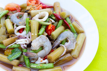 Lotus stem spicy salad with seafood. Thai food recipes