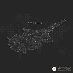 Cyprus map abstract geometric mesh polygonal light concept with black and white glowing contour lines countries and dots on dark background. Vector illustration eps10