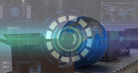 Composite of hud infographic interface over globe and cardboard boxes on conveyor belt