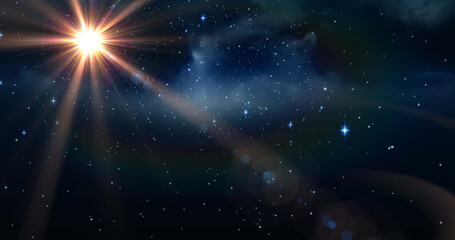 Fototapeta premium Illustration of bright sun shining amidst stars in skyscape, copy space