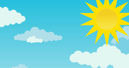 Illustration of sun and clouds in blue sky, copy space