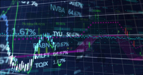 Image of financial data processing over stock market on blue background