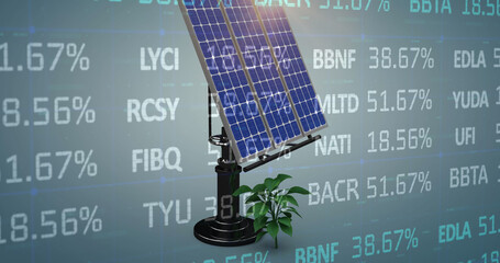 Image of stock market data processing over solar panel and plant sampling on blue background