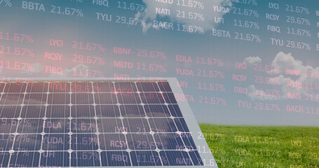 Image of stock market data processing over solar panel on grass against blue sky