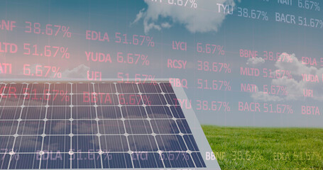 Image of stock market data processing over solar panel on grass against blue sky