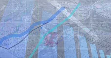 Image of financial data processing and stock market over empty warehouse